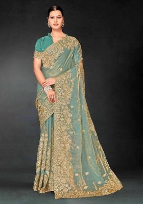 Dusty Rama Embroidery Work Silk Saree Set