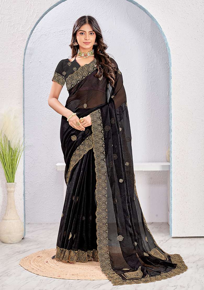 Black Work Silk Blend Saree Set with Embroidery for Diwali | Wedding & Festive Wear - Indya