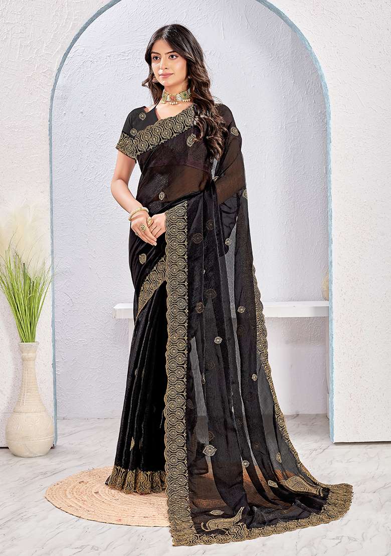 Black Work Silk Blend Saree Set with Embroidery for Diwali | Wedding & Festive Wear - Indya