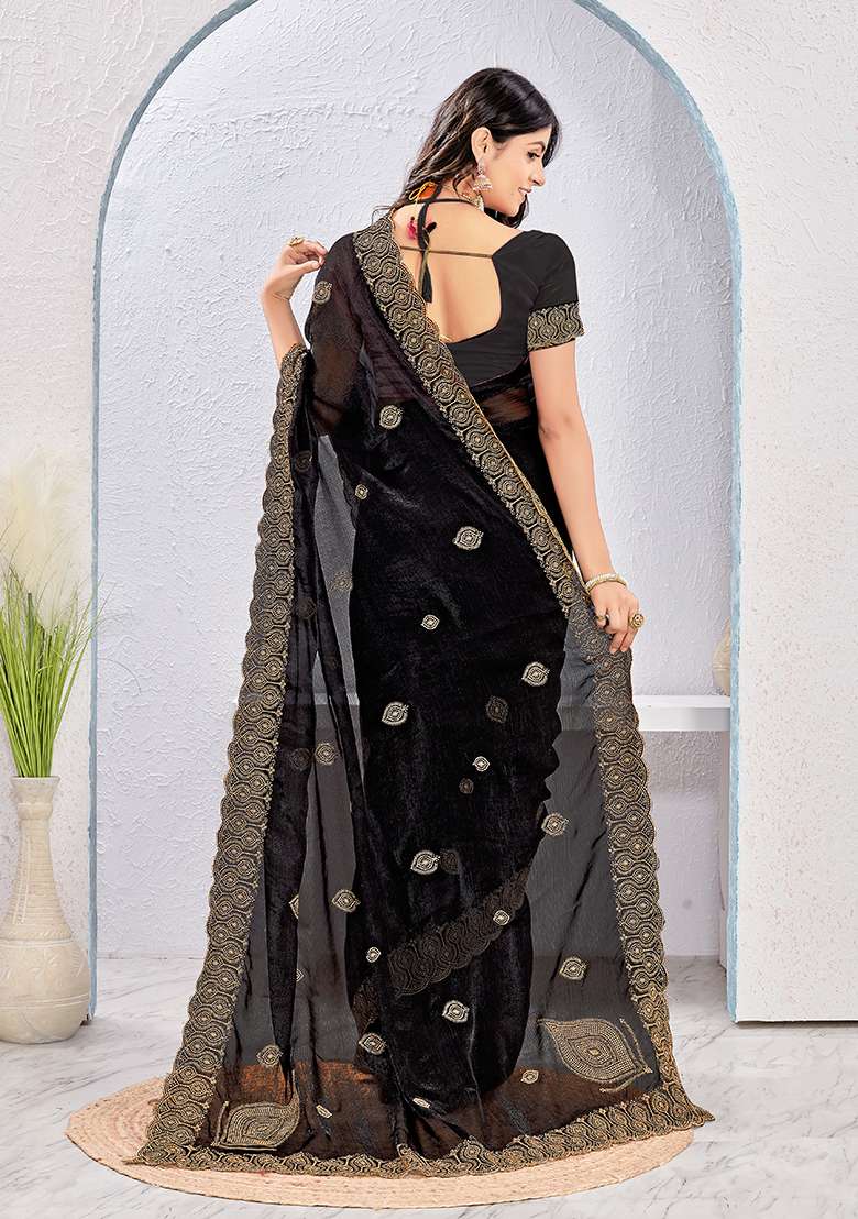Black Work Silk Blend Saree Set with Embroidery for Diwali | Wedding & Festive Wear - Indya