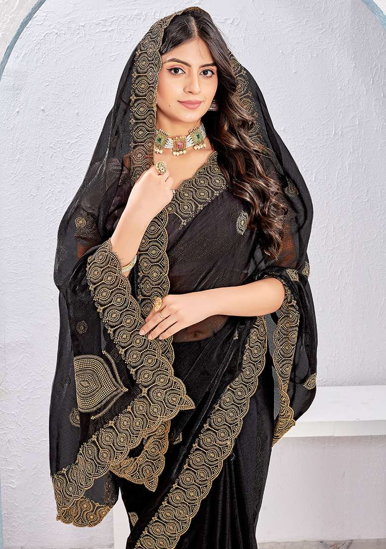 Black Work Silk Blend Saree Set with Embroidery for Diwali | Wedding & Festive Wear - Indya