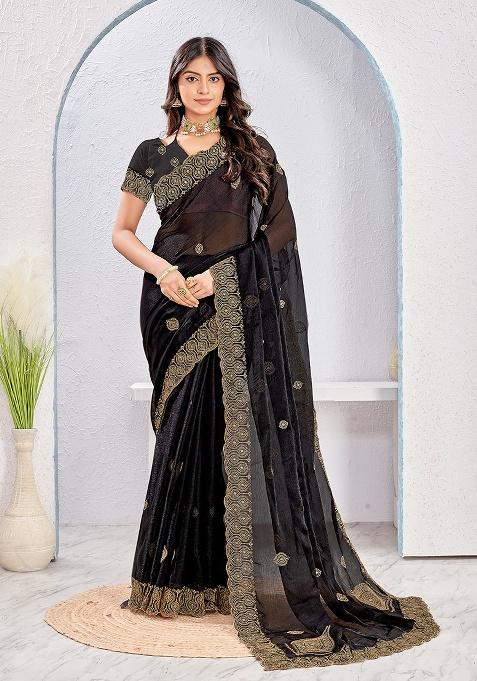 Black Embroidery Work Silk Saree Set