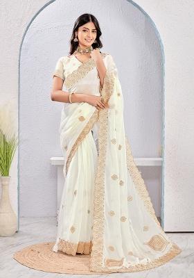 White Embroidery Work Silk Saree Set