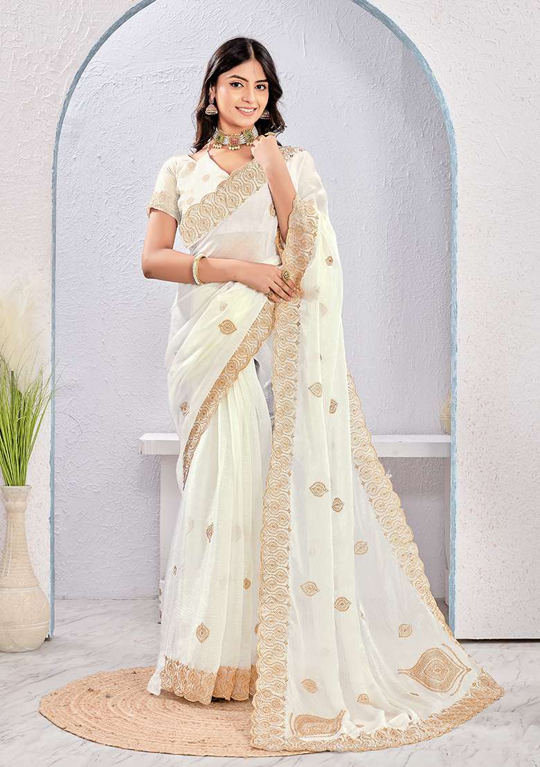 White Work Silk Blend Saree Set with Embroidery for Diwali | Wedding & Festive Wear - Indya