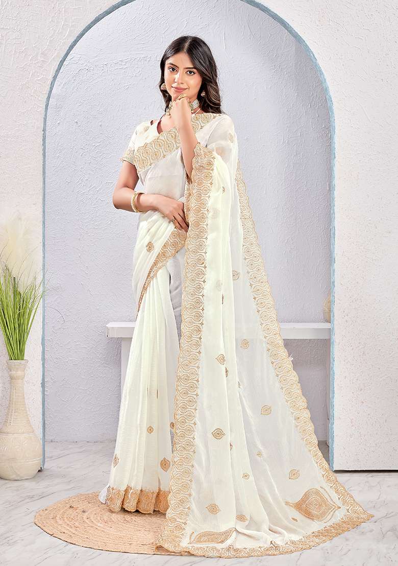 White Work Silk Blend Saree Set with Embroidery for Diwali | Wedding & Festive Wear - Indya