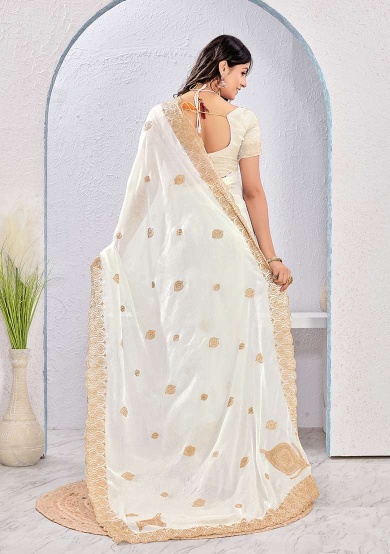 White Work Silk Blend Saree Set with Embroidery for Diwali | Wedding & Festive Wear - Indya