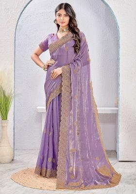 Lavender Embroidery Work Silk Saree Set