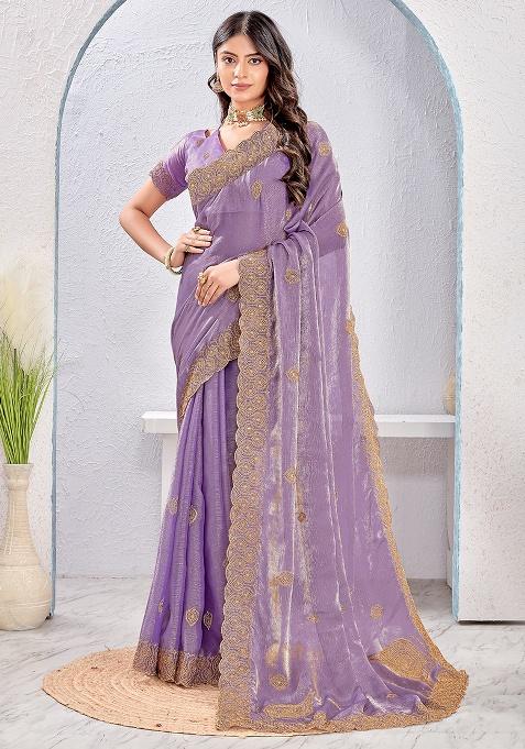 Lavender Embroidery Work Silk Saree Set