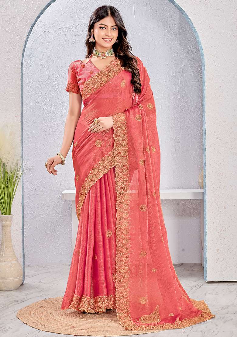 Dusty Gajari Work Silk Blend Saree Set with Embroidery for Diwali | Wedding & Festive Wear - Indya