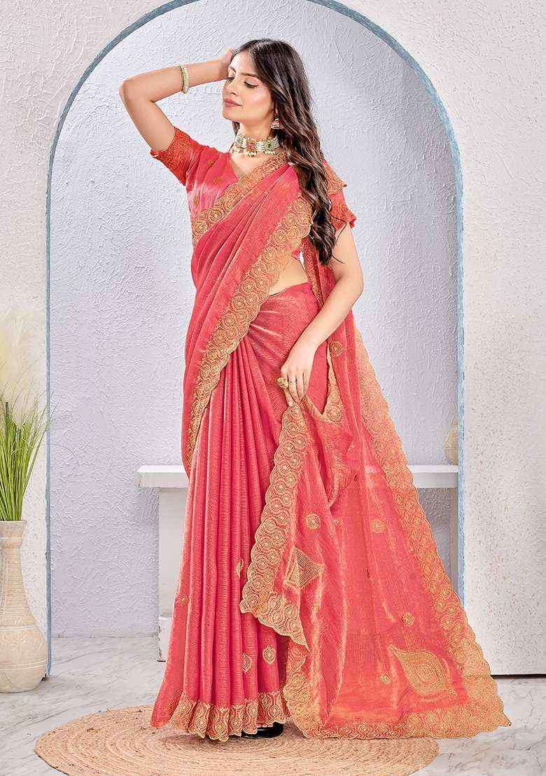 Dusty Gajari Work Silk Blend Saree Set with Embroidery for Diwali | Wedding & Festive Wear - Indya