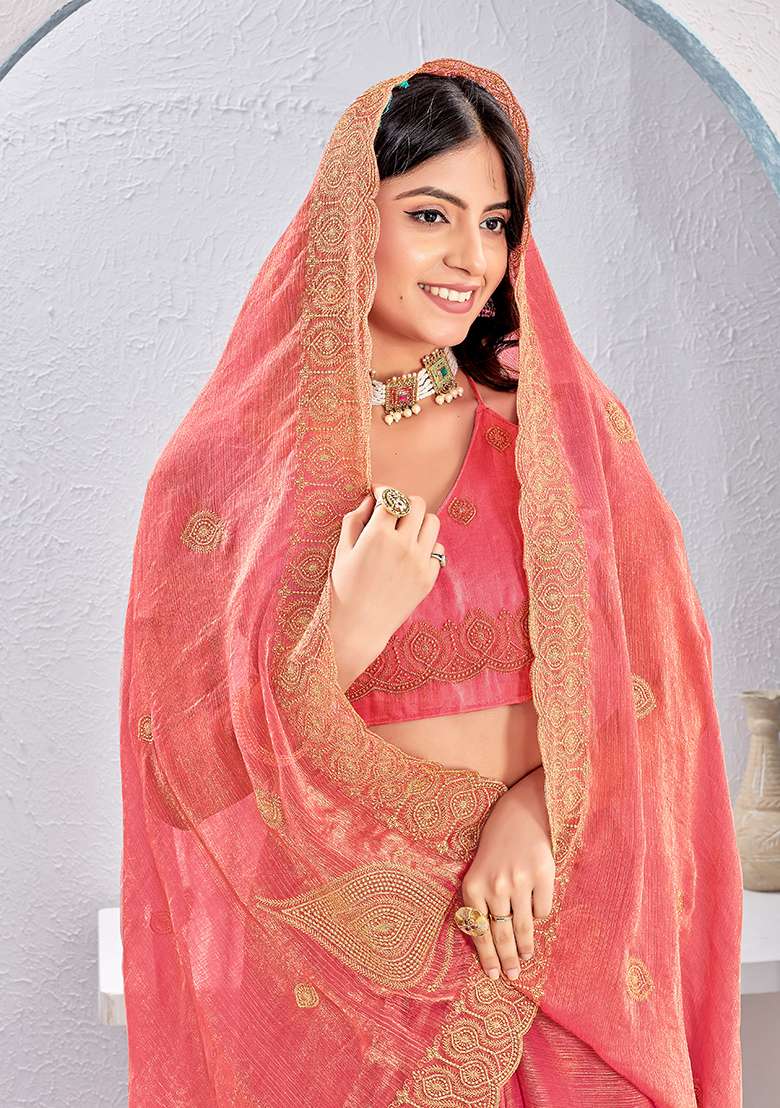 Dusty Gajari Work Silk Blend Saree Set with Embroidery for Diwali | Wedding & Festive Wear - Indya
