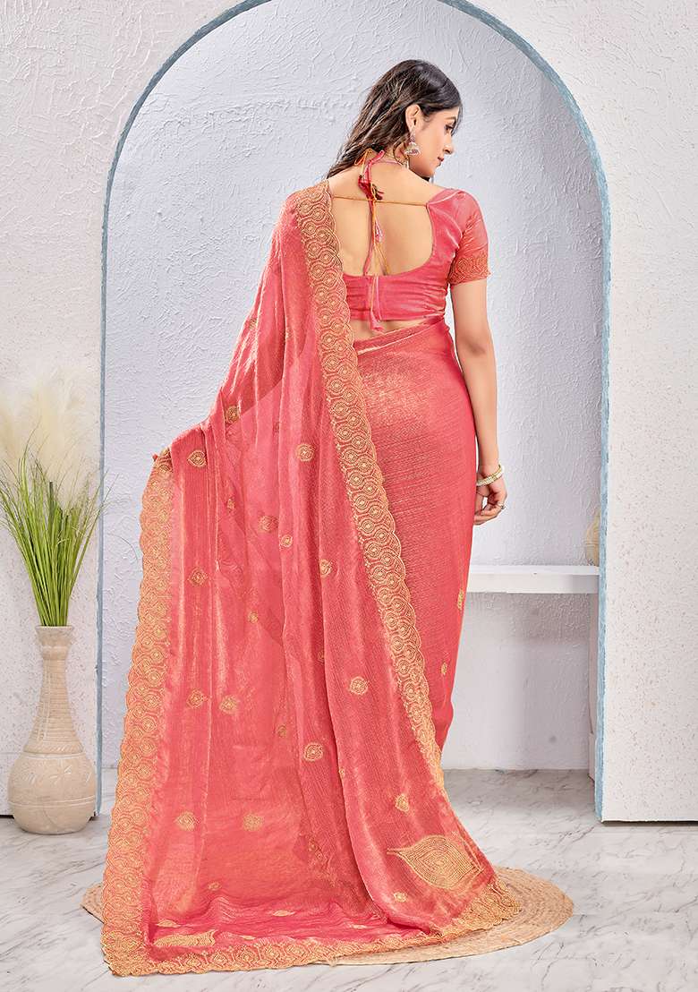 Dusty Gajari Work Silk Blend Saree Set with Embroidery for Diwali | Wedding & Festive Wear - Indya