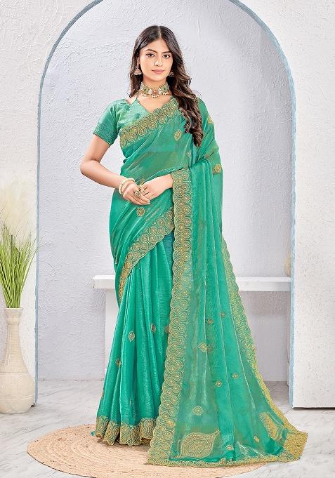 Dusty Rama Embroidery Work Silk Saree Set