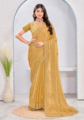 Brown Embroidery Work Silk Saree Set