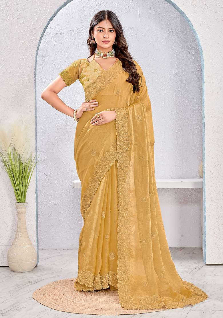 Brown Embroidery Work Silk Blend Saree Set for Diwali and Festive Wear - Indya