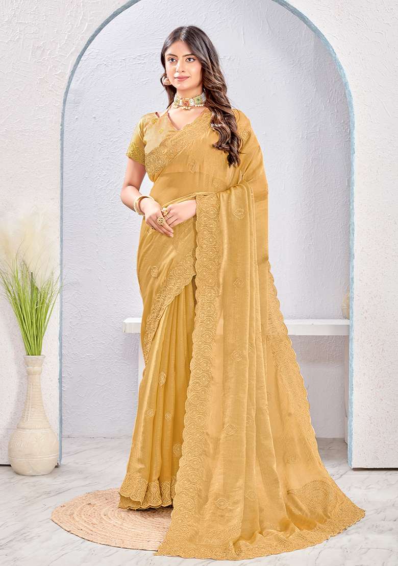 Brown Embroidery Work Silk Blend Saree Set for Diwali and Festive Wear - Indya