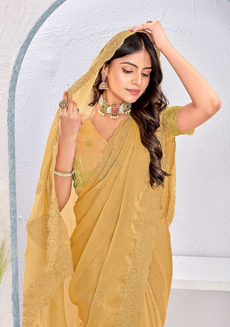 Brown Embroidery Work Silk Blend Saree Set for Diwali and Festive Wear - Indya