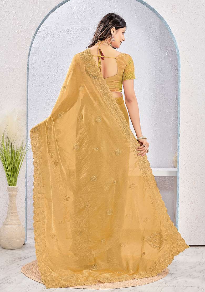 Brown Embroidery Work Silk Blend Saree Set for Diwali and Festive Wear - Indya