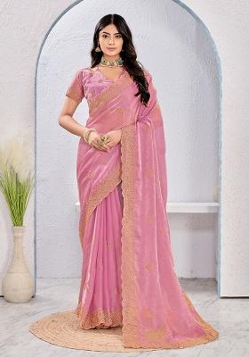 Dusty Pink Embroidery Work Silk Saree Set