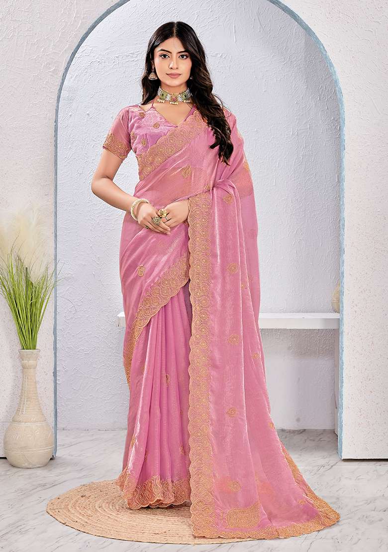 Dusty Pink Embroidery Work Silk Blend Saree Set for Diwali and Festive Wear - Indya