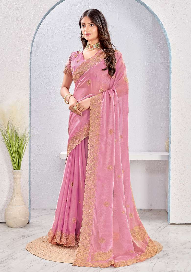 Dusty Pink Embroidery Work Silk Blend Saree Set for Diwali and Festive Wear - Indya