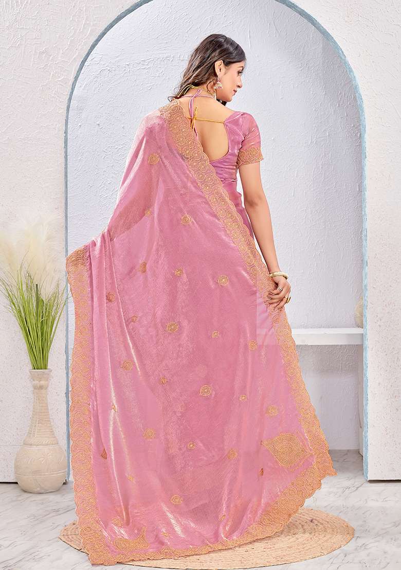 Dusty Pink Embroidery Work Silk Blend Saree Set for Diwali and Festive Wear - Indya