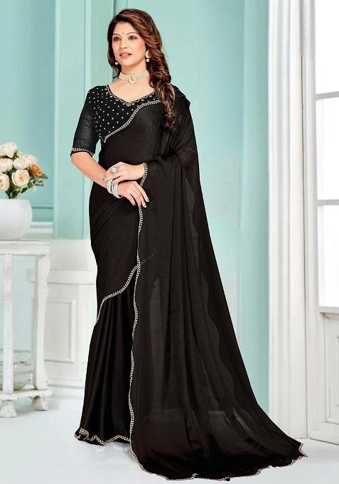 Black Heavy Hand Work Zircon Silk Saree Set