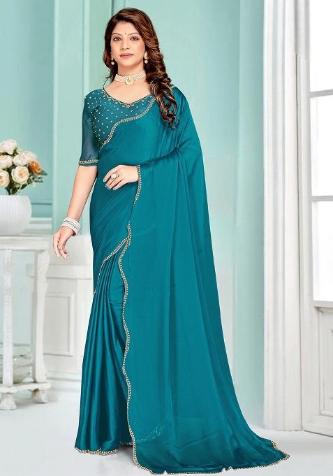 Rama Heavy Hand Work Zircon Silk Saree Set