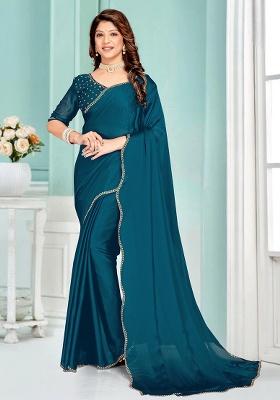 Blue Heavy Hand Work Zircon Silk Blend Saree Set