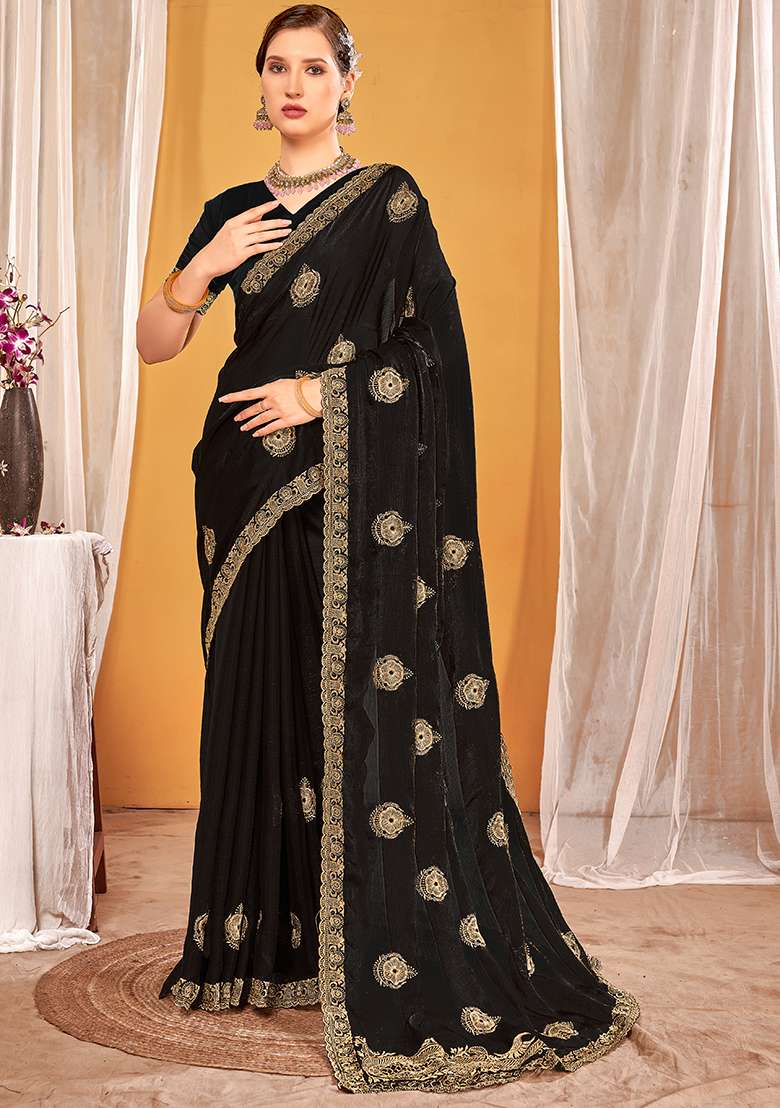 Black Embroidery Work Silk Blend Saree Set for Diwali and Festive Wear - Indya
