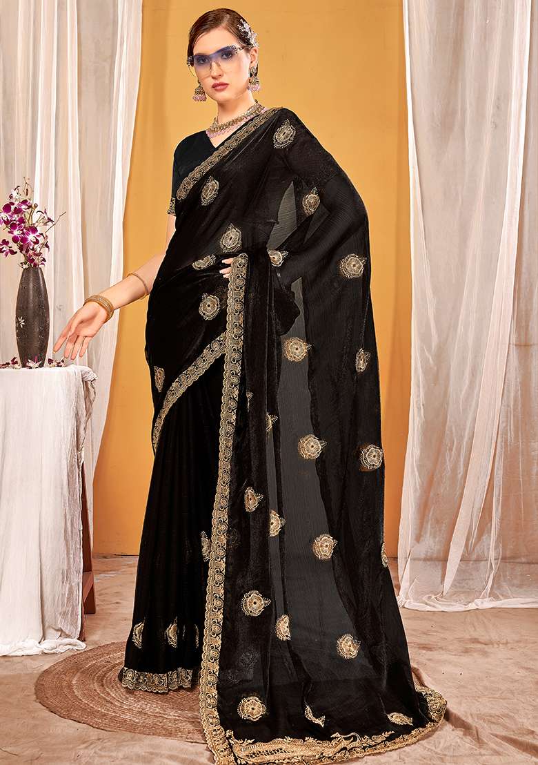 Black Embroidery Work Silk Blend Saree Set for Diwali and Festive Wear - Indya