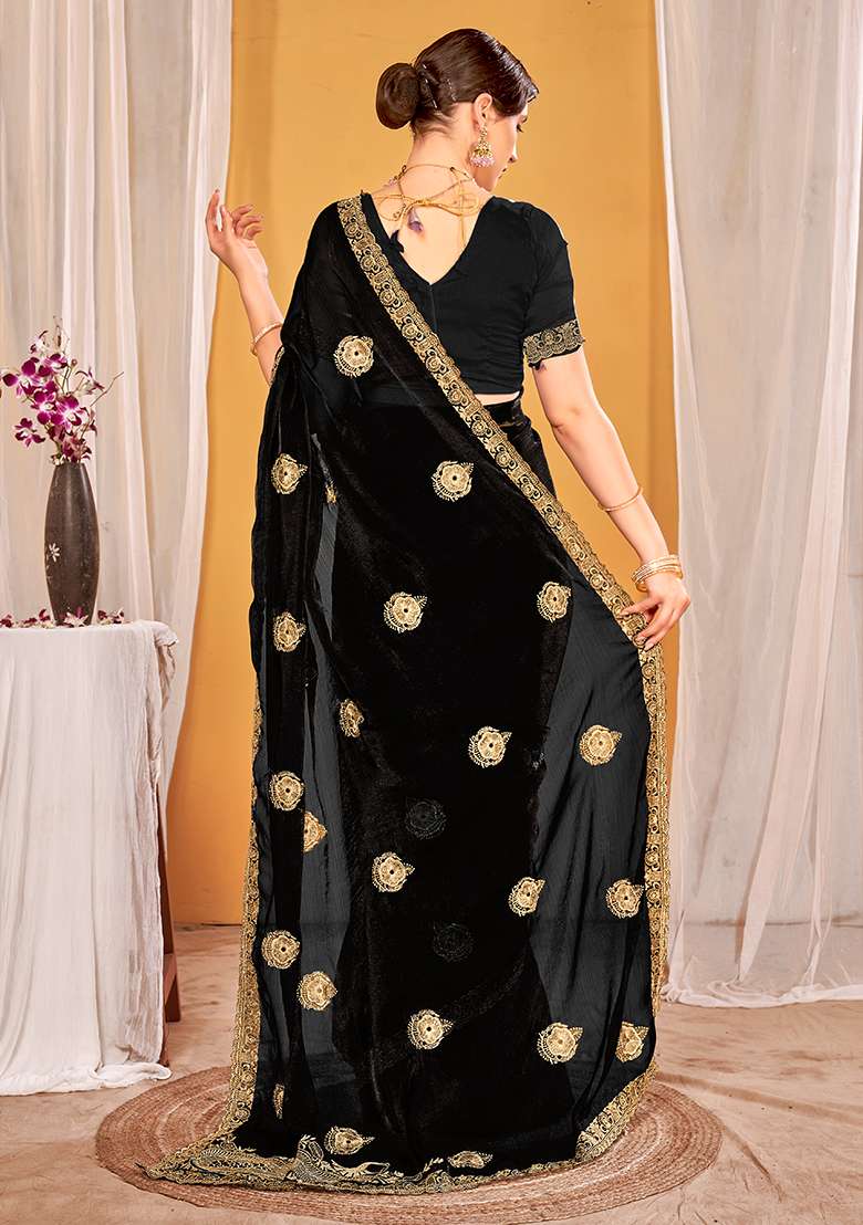 Black Embroidery Work Silk Blend Saree Set for Diwali and Festive Wear - Indya
