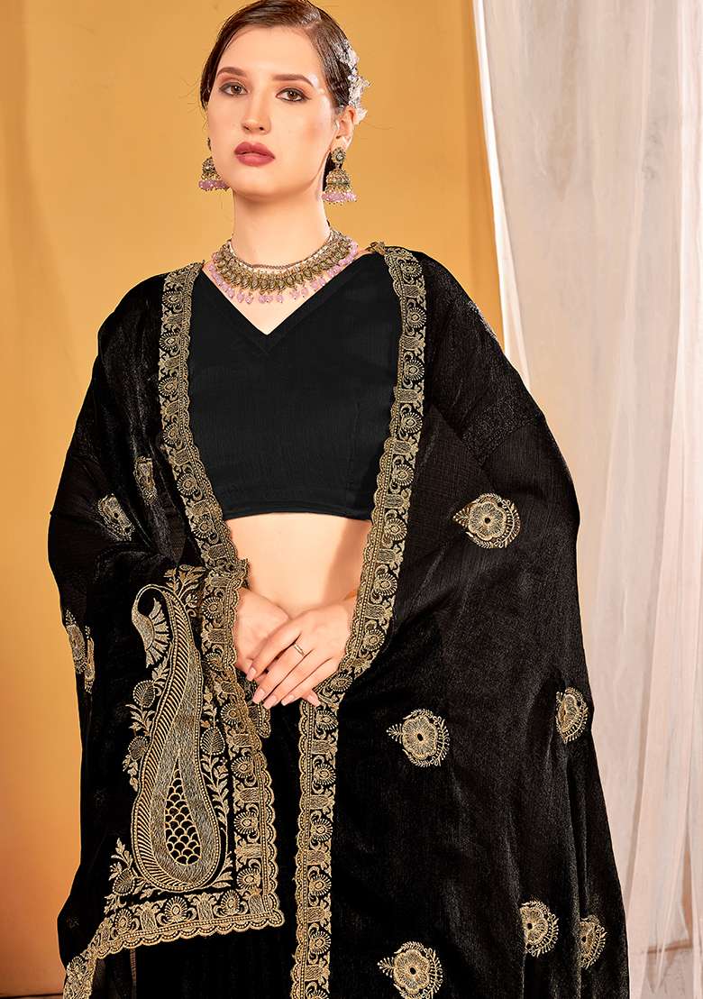 Black Embroidery Work Silk Blend Saree Set for Diwali and Festive Wear - Indya