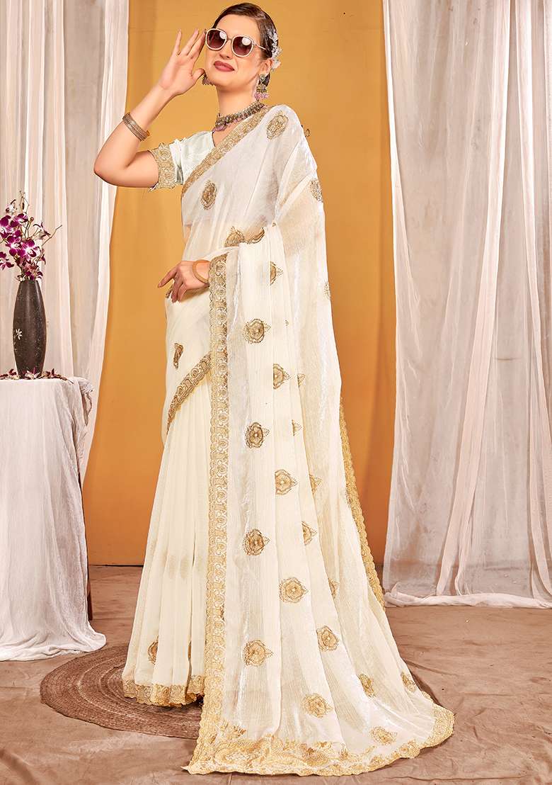 White Work Silk Blend Saree Set with Embroidery for Diwali | Wedding & Festive Wear - Indya