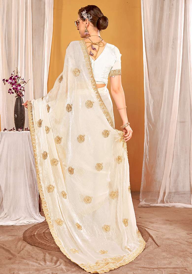 White Work Silk Blend Saree Set with Embroidery for Diwali | Wedding & Festive Wear - Indya