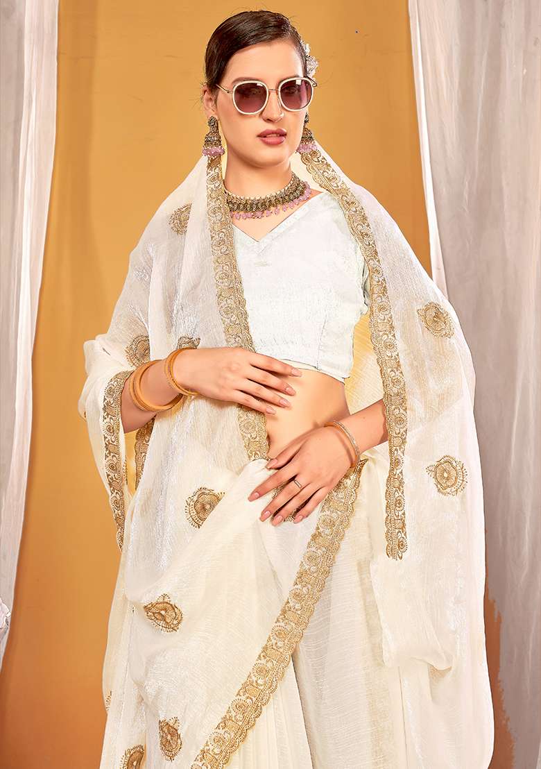 White Work Silk Blend Saree Set with Embroidery for Diwali | Wedding & Festive Wear - Indya