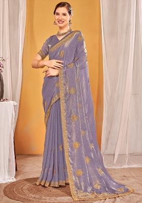Lavender Embroidery Work Silk Saree Set