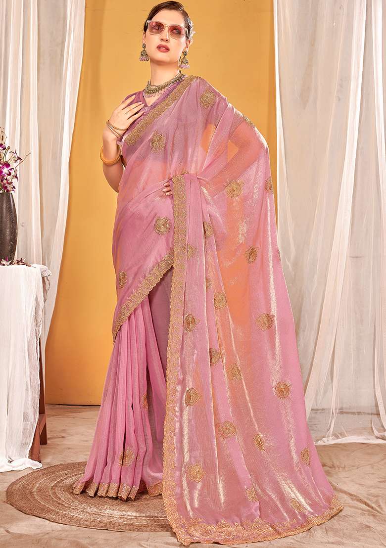 Dusty Pink Work Silk Blend Saree Set with Embroidery for Diwali | Wedding & Festive Wear - Indya