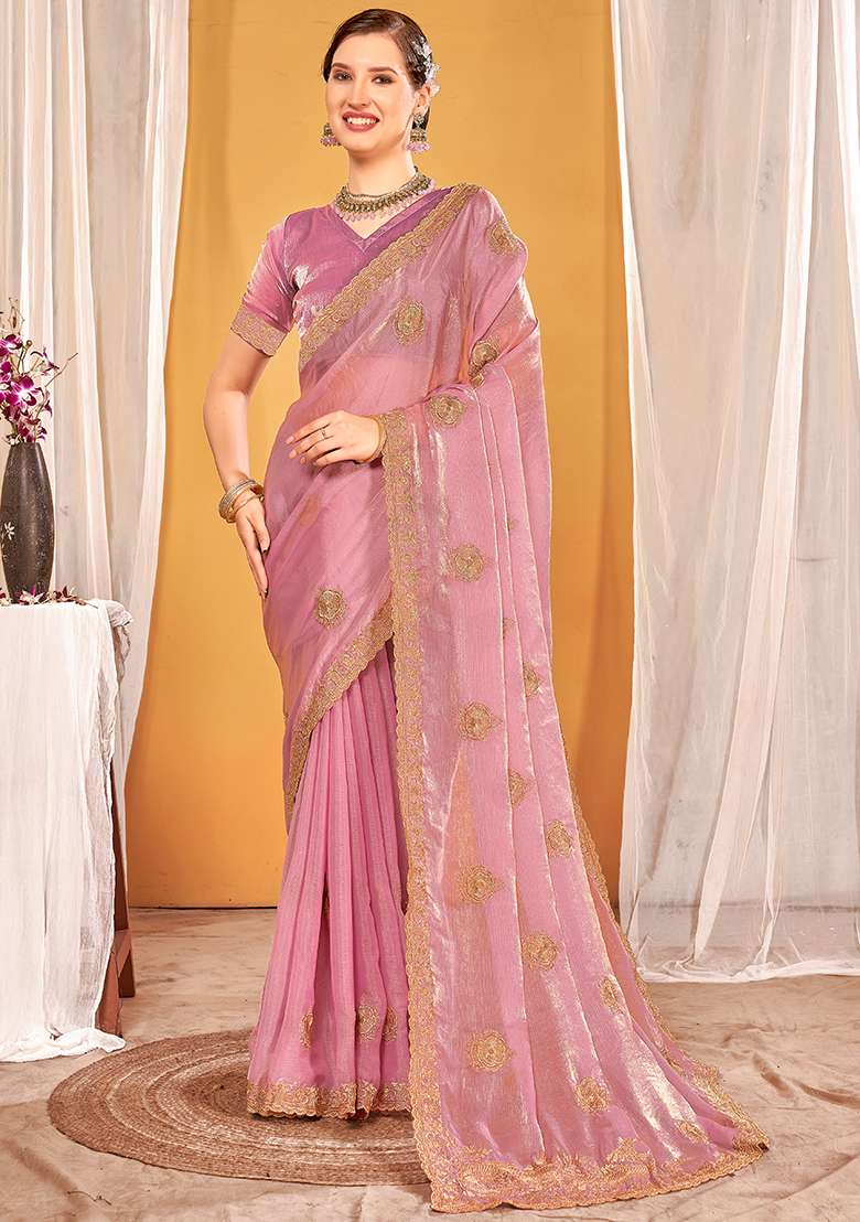 Dusty Pink Work Silk Blend Saree Set with Embroidery for Diwali | Wedding & Festive Wear - Indya