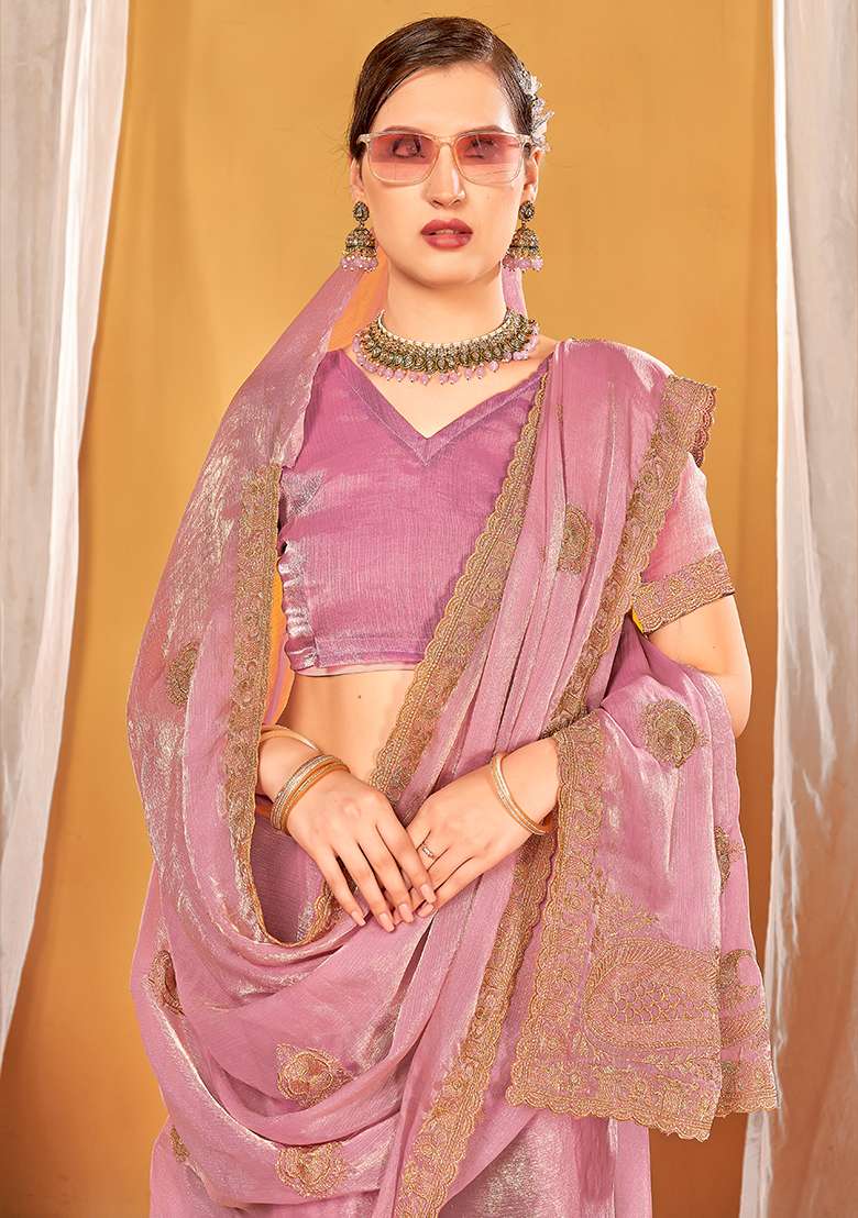 Dusty Pink Work Silk Blend Saree Set with Embroidery for Diwali | Wedding & Festive Wear - Indya