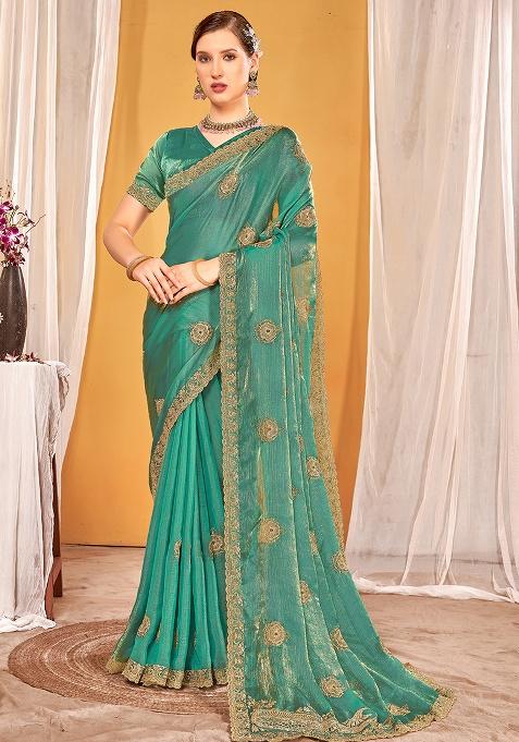 Dusty Rama Embroidery Work Silk Saree Set