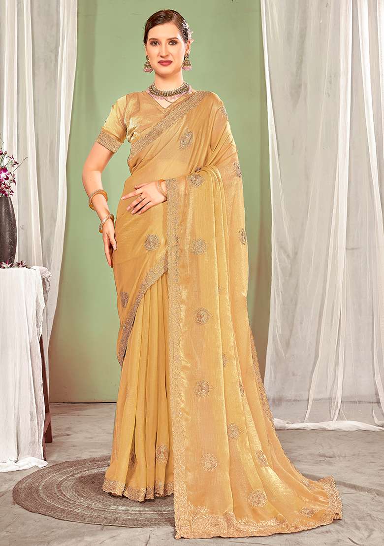 Brown Work Silk Blend Saree Set with Embroidery for Diwali | Wedding & Festive Wear - Indya