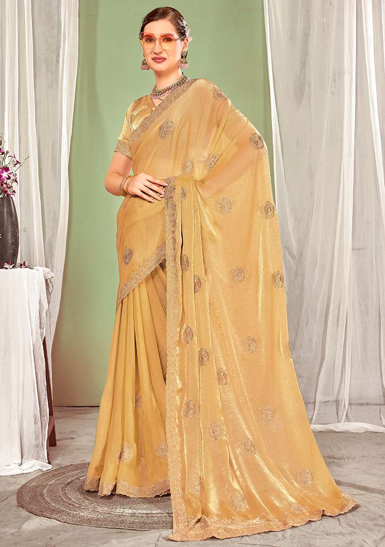 Brown Work Silk Blend Saree Set with Embroidery for Diwali | Wedding & Festive Wear - Indya