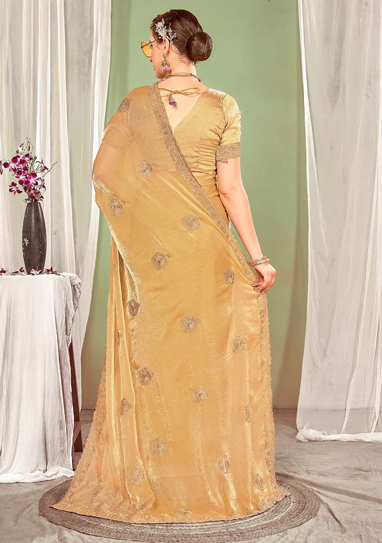 Brown Work Silk Blend Saree Set with Embroidery for Diwali | Wedding & Festive Wear - Indya