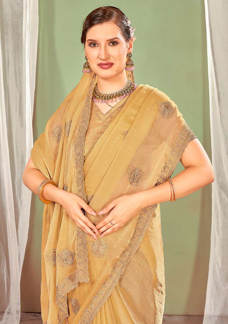 Brown Work Silk Blend Saree Set with Embroidery for Diwali | Wedding & Festive Wear - Indya