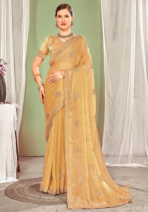 Brown Embroidery Work Silk Saree Set