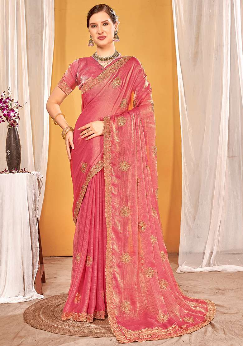 Dusty Gajari Work Silk Blend Saree Set with Embroidery for Diwali | Wedding & Festive Wear - Indya