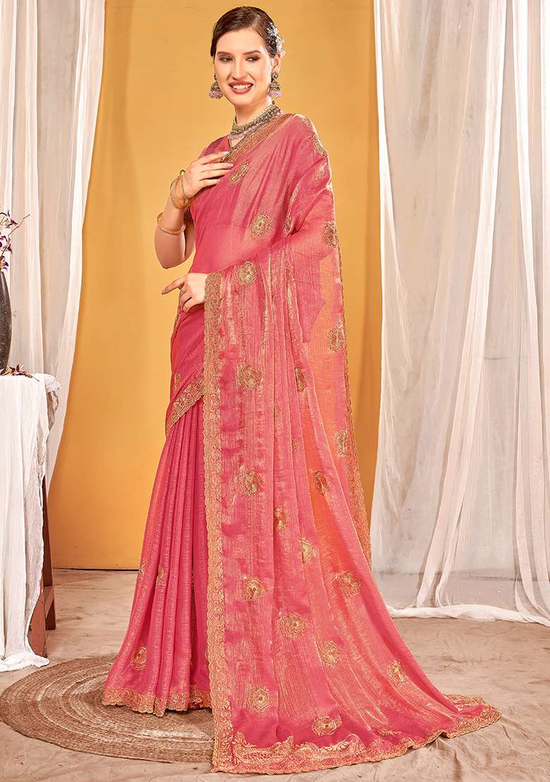 Dusty Gajari Work Silk Blend Saree Set with Embroidery for Diwali | Wedding & Festive Wear - Indya