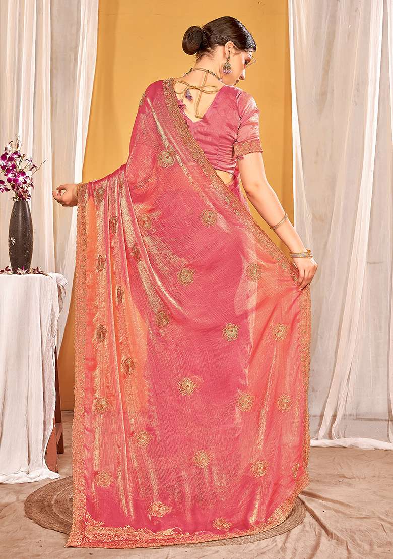 Dusty Gajari Work Silk Blend Saree Set with Embroidery for Diwali | Wedding & Festive Wear - Indya