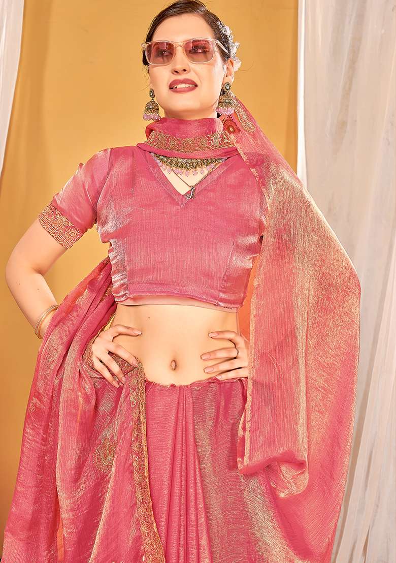 Dusty Gajari Work Silk Blend Saree Set with Embroidery for Diwali | Wedding & Festive Wear - Indya